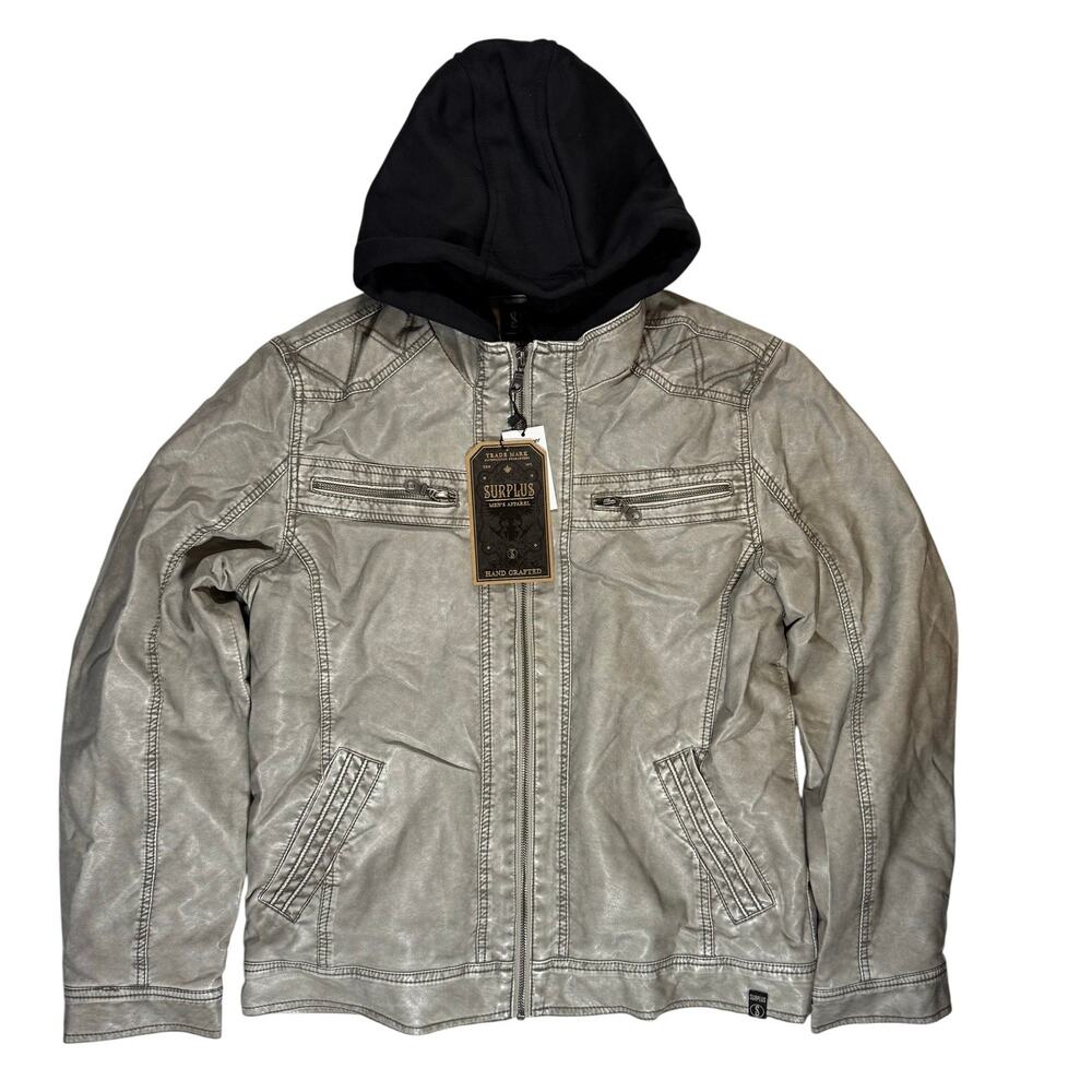 Surplus Faux Leather Bomber Jackie Gray Black Hood Fleece Lined Men’s Medium